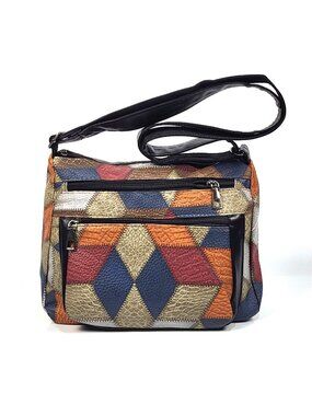 Shoulder Bag Vegan Leather Crocodile Snakeskin Colorblock Zipper Lady Black NWT